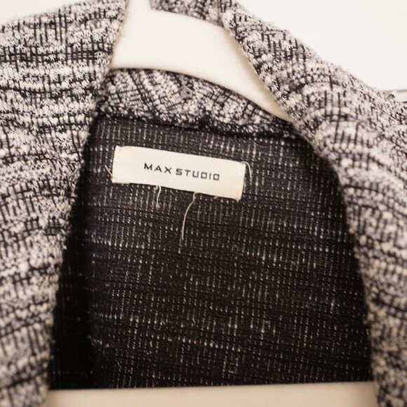 Max Studio Open Front Tweed Cardigan Jacket Black White Frayed Trim - Picture 2 of 4